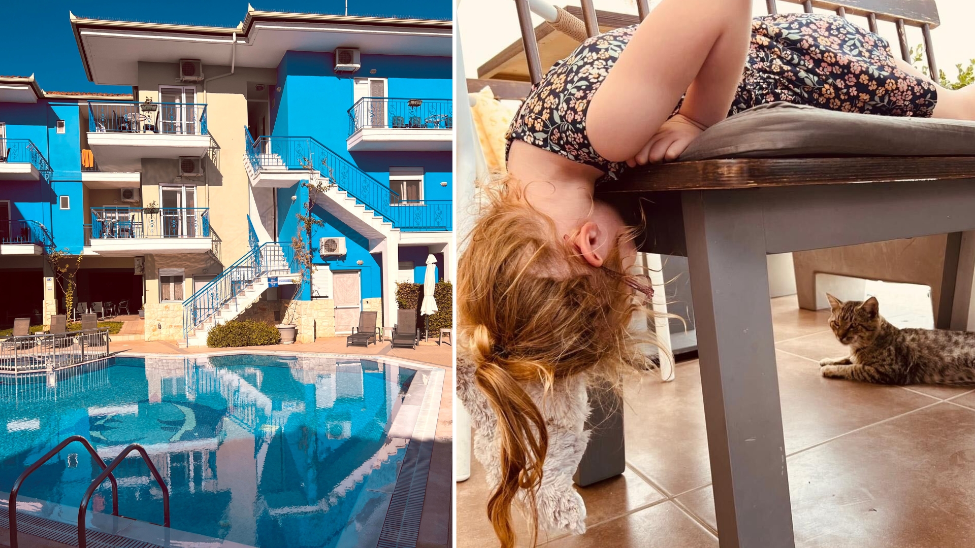 A pool at Stratos hotel in Afytos, next to an image of a child looking at a stray cat under the table