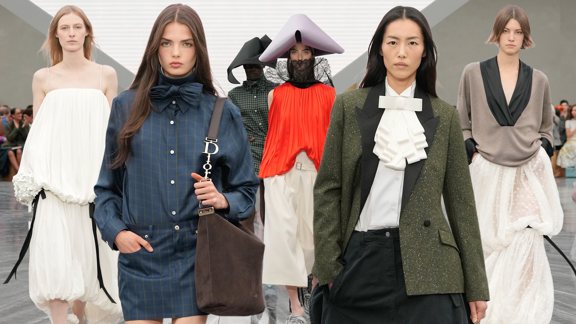 a group of models leaving the dior spring 2026 fashion show wearing jonathan anderson&#039;s new designs