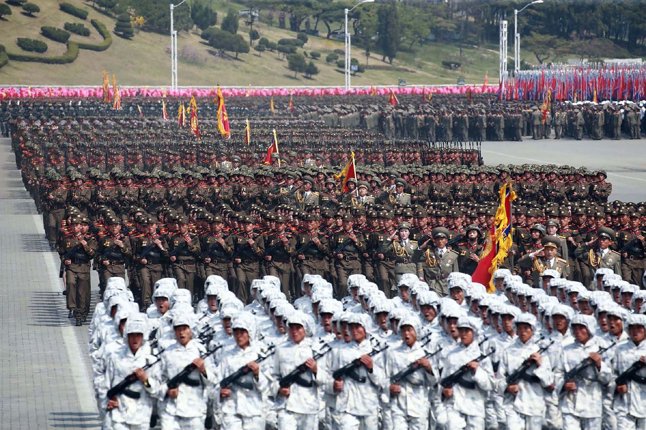 Soldiers marching through Kim Il-Sung square during a military parade in Pyongyang 