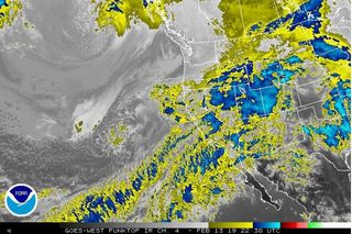 An infrared image showing the current atmospheric river, bringing moisture from Hawaii to California, in February 2019.