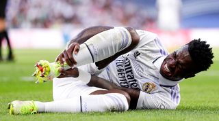 Vinicius Junior down injured in Real Madrid's LaLiga game at home to Real Betis in September 2022.