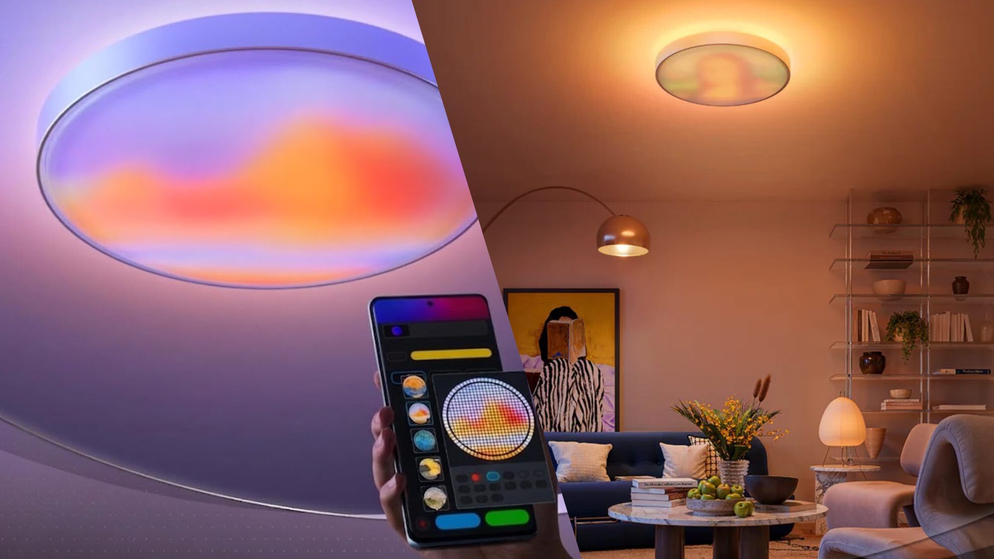 A side by side shot showing the Govee Ceiling Light Ultra in a living room and being controlled by a phone