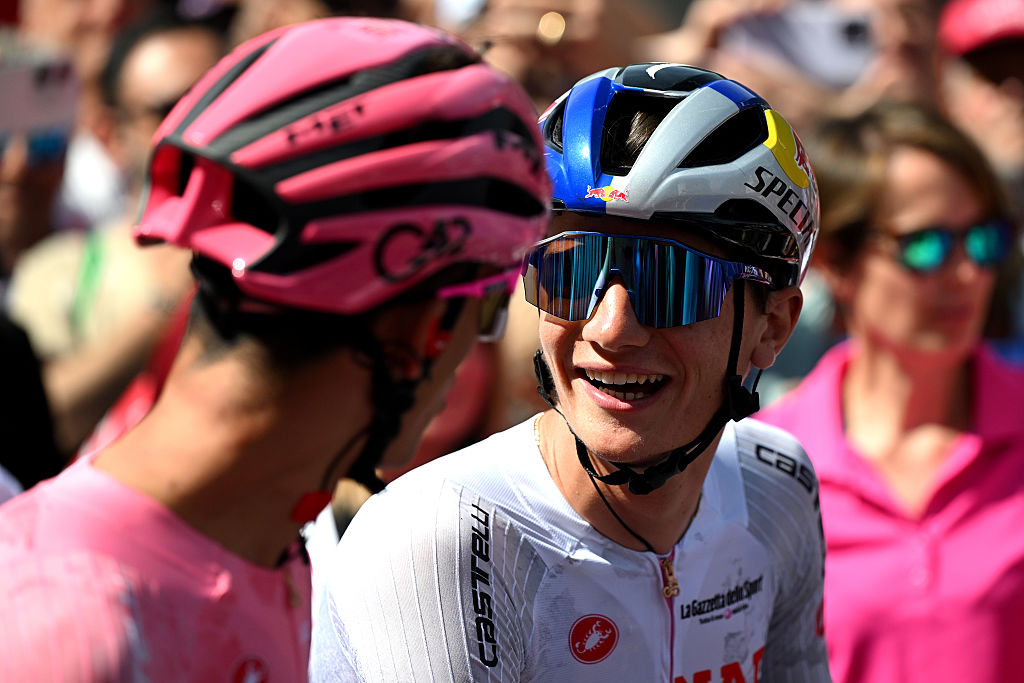 VERRES, ITALY - MAY 31: Giulio Pellizzari of Italy and Team Red Bull - BORA - hansgrohe - White best young jersey prior to the 108th Giro d'Italia 2025, Stage 20 a 205.3km stage from Verres to Sestriere - Vialattea 2036m / #UCIWT / on May 31, 2025 in Verres, Italy. (Photo by Dario Belingheri/Getty Images)