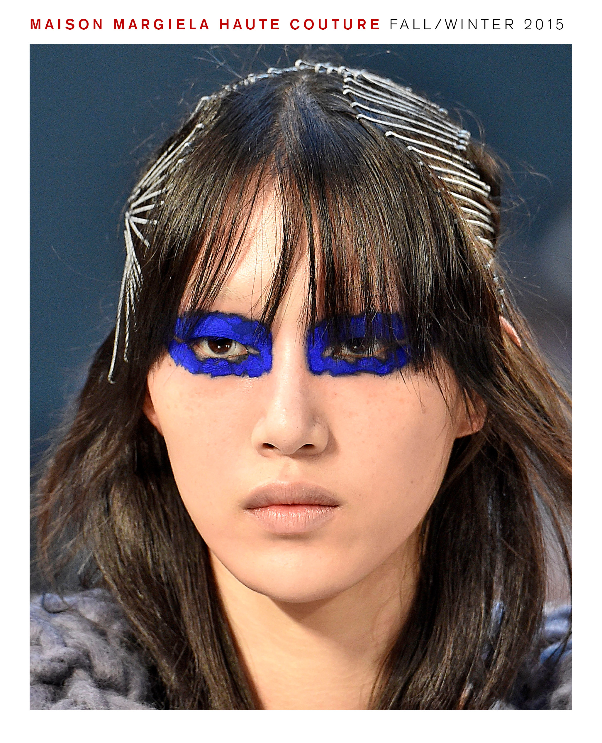 Model wearing Pat McGrath makeup look for Maison Margiela Haute Couture fall/winter 2015 show.
