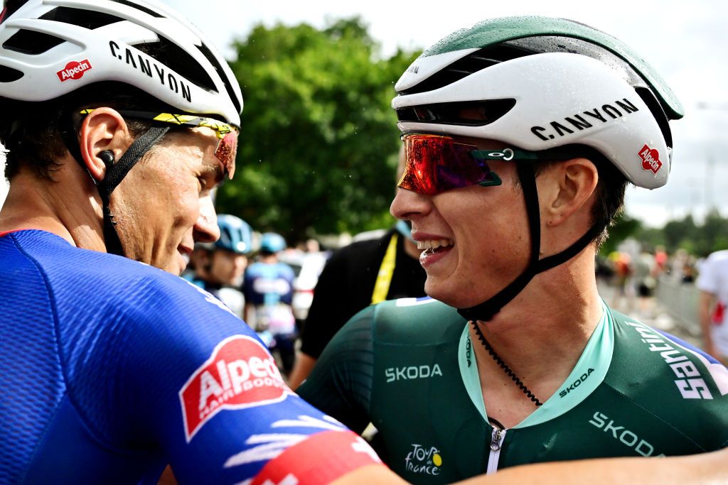 MOULINS FRANCE JULY 12 LR Silvan Dillier of Switzerland and and stage winner Jasper Philipsen of Belgium and Team AlpecinDeceuninck Green Points Jersey during the stage eleven of the 110th Tour de France 2023 a 1798km from ClermontFerrand to Moulins UCIWT on July 12 2023 in Moulins France Photo by Marco Bertorello PoolGetty Images