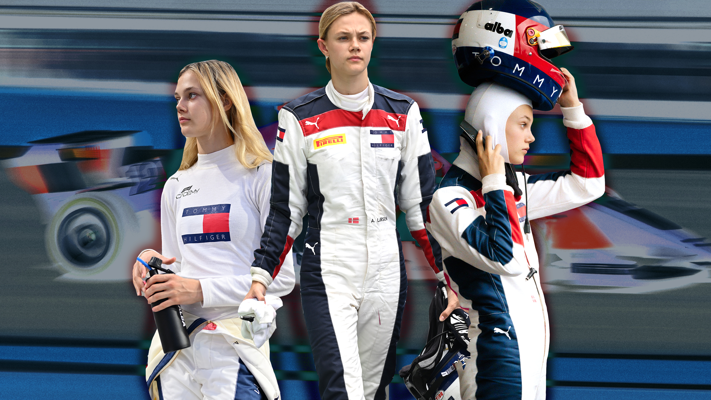 three images of Alba Hurup Larsen in her Tommy Hilfiger racing gear
