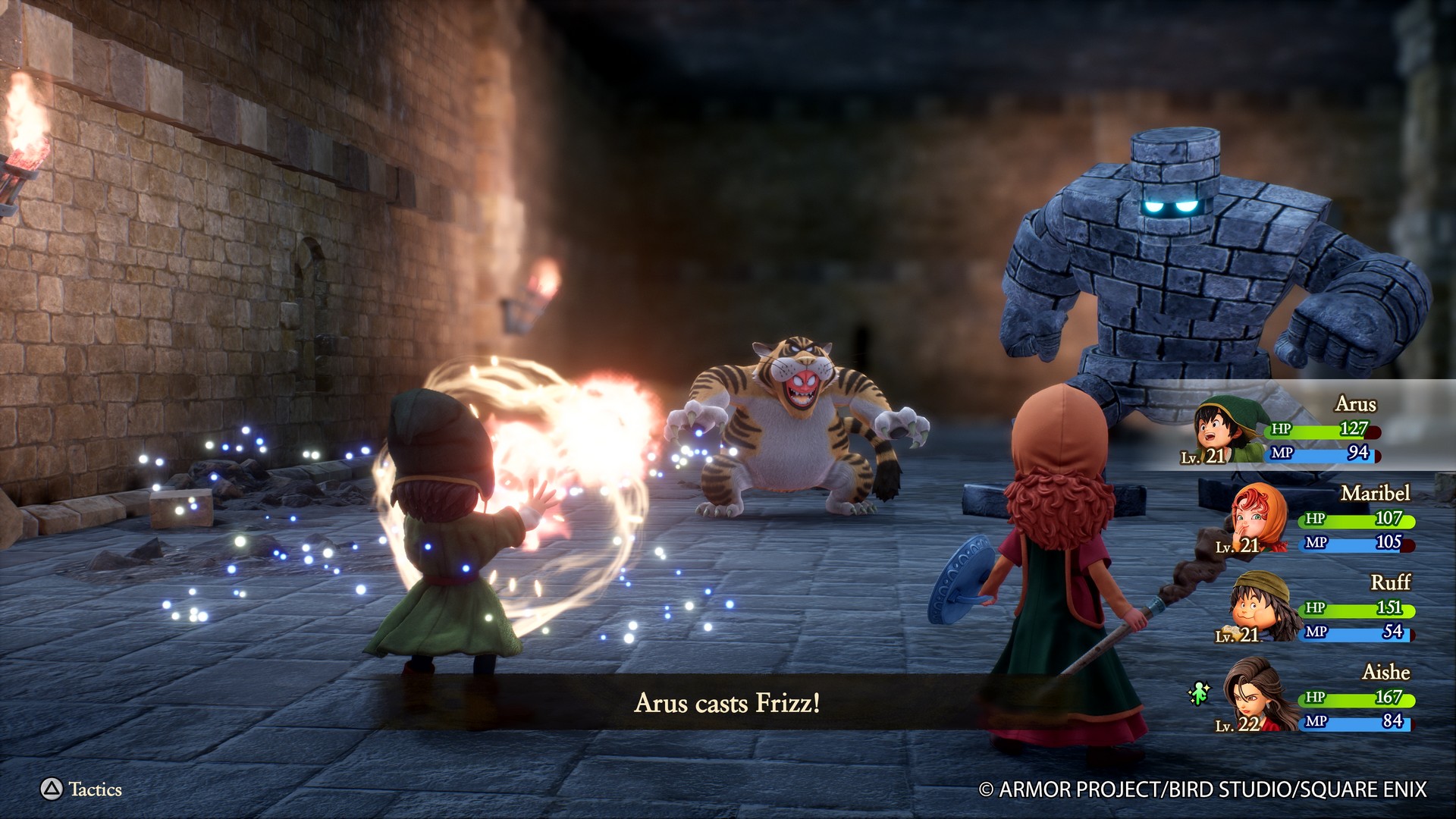 Arus casts Frizz in Dragon Quest 7 Reimagined at a strange tiger man monster