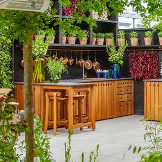 outdoor kitchen with BBQ, storage ideas, hanging rail, row of potted herbs, vases of foxgloves, bar stools, sink, tiled floor