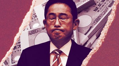 Photo collage of Fumio Kishida on a background of stacks of yen notes