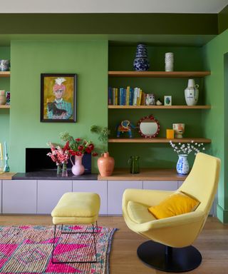 green living room with yellow chair