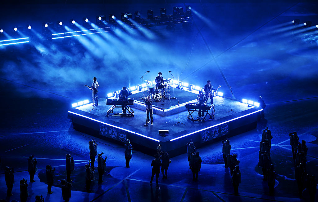 Linkin Park perform prior to kick-off at the 2025 Champions League final