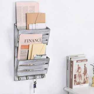 Wall Mounted Wood Mail Holder With 4 Hooks