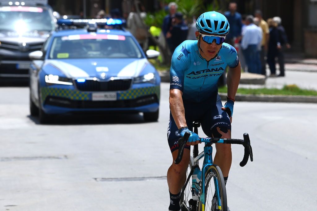 ETNA PIAZZALE RIFUGIO SAPIENZA ITALY MAY 10 Miguel ngel Lpez Moreno of Colombia and Team Astana Qazaqstan dropped from the peloton prior to to abandon the race during the 105th Giro dItalia 2022 Stage 4 a 172km stage from Avola to Etna Piazzale Rifugio Sapienza 1899m Giro WorldTour on May 10 2022 in Etna Piazzale Rifugio Sapienza Italy Photo by Tim de WaeleGetty Images