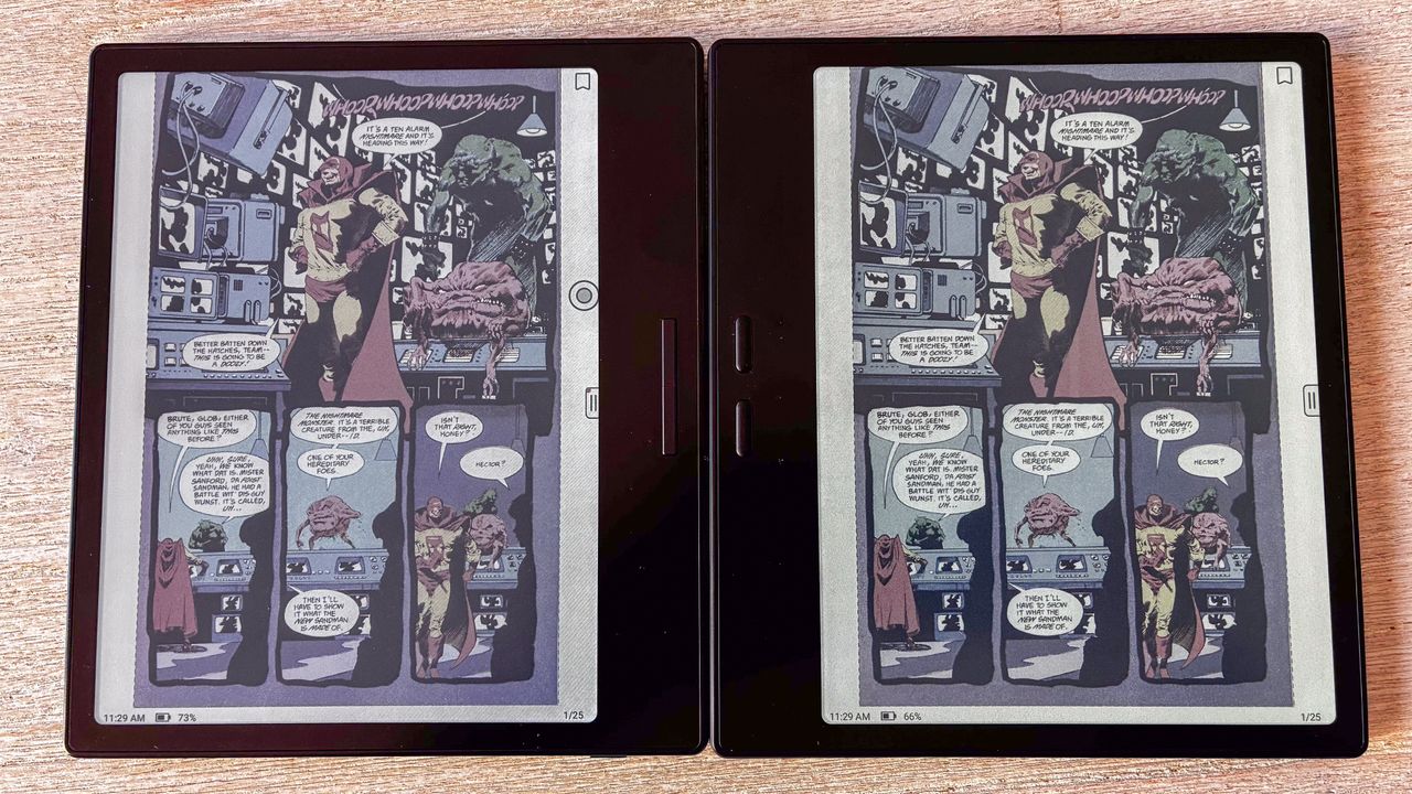 A side-by-side graphic novel comparison of the Boox Go Color 7 Gen II (right) and the Go Color 7 (left)