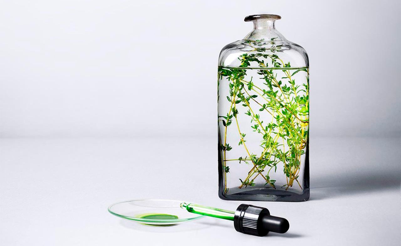 gin in glass bottles being distilled with herb flavours 