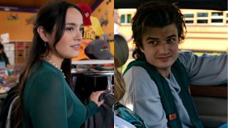 Chase Sui Wonders in Bupkis and Joe Keery in Stranger Things, pictured side-by-side.