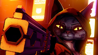 A cat, wielding a pistol, takes aim at their enemies in Cat Assassin.