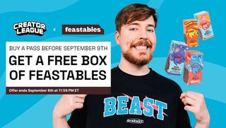 MrBeast image - "Get a free box of Feastables" when you buy a Creator League pass before September 9