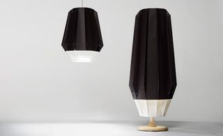 Desk lamp and hanging lamp with black and white shades
