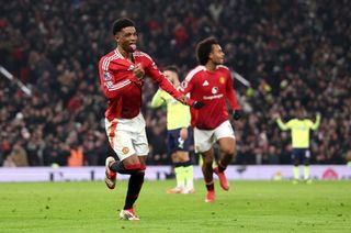 Amad Diallo of Manchester United celebrates scoring his team's second goal during the Premier League match between Manchester United FC and Southampton FC at Old Trafford on January 16, 2025 in Manchester, England.