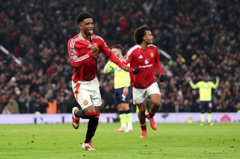 Amad Diallo of Manchester United celebrates scoring his team&#039;s second goal during the Premier League match between Manchester United FC and Southampton FC at Old Trafford on January 16, 2025 in Manchester, England.