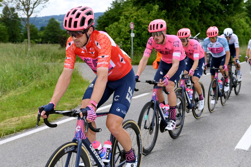 LACHEN SWITZERLAND JUNE 07 Thomas Scully of New Zealand Orange Mountain Jersey Jonas Rutsch of Germany and Team EF Education Nippo during the 84th Tour de Suisse 2021 Stage 2 a 178km stage from Neuhausen am Rheinfall to Lachen UCIworldtour tds tourdesuisse on June 07 2021 in Lachen Switzerland Photo by Tim de WaeleGetty Images