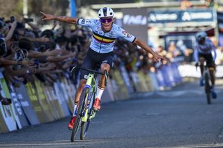 Belgian Thibau Nys celebrates as he crosses the finish line to win the men Elite race at the European Championships cyclocross cycling in Pontevedra, Spain, Sunday 03 November 2024. BELGA PHOTO DAVID PINTENS (Photo by DAVID PINTENS / BELGA MAG / Belga via AFP) (Photo by DAVID PINTENS/BELGA MAG/AFP via Getty Images)