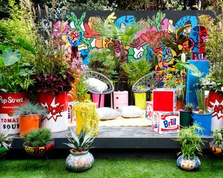 Pop Street Garden by John McPherson – brightly colored container garden at chelsea flower show 2021