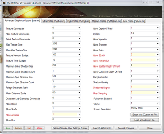 Best Witcher 2 mods — A screenshot of the Witcher 2 Tweaker application, showing just one of its tabs of options