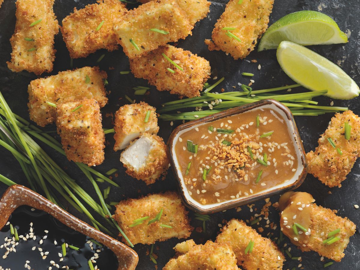 Baked tofu breaded bites with a satay sauce Real Homes