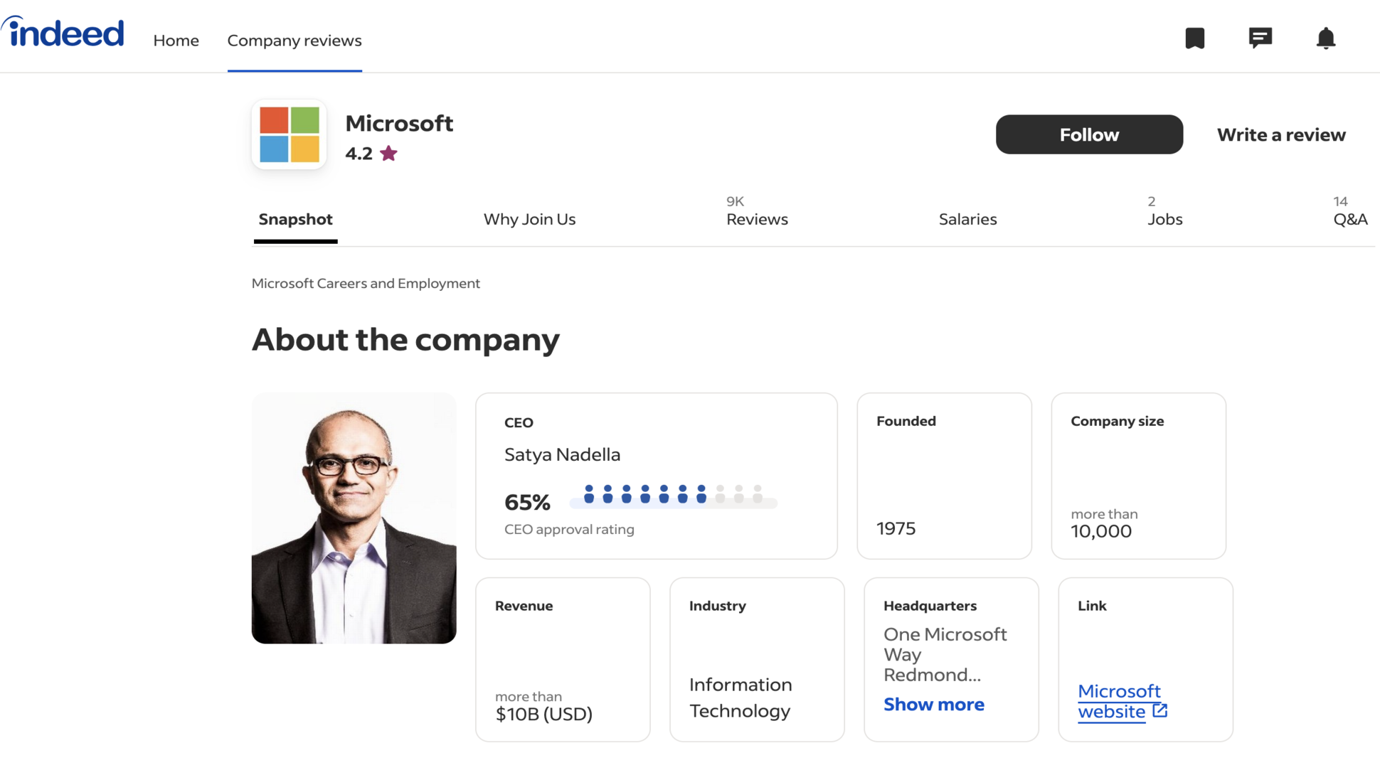 A sample company page with reviews on Indeed