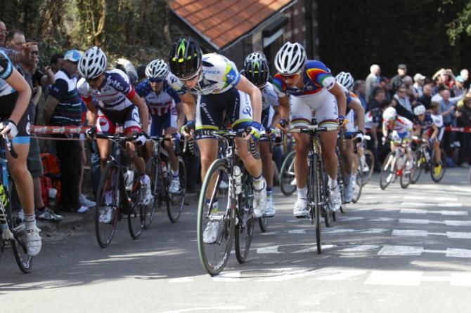 Tiffany Cromwell (Orica - AIS) leads World Cup leader, Marianne Vos (Rabo Women) on the Mur de Huy