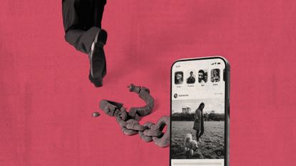 Photo collage of a man walking away from a broken shackle. At the end of the chain instead of a ball, there is a massive mobile phone with social media open