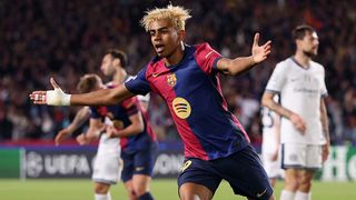 Lamine Yamal of FC Barcelona celebrates scoring his team's first goal during the UEFA Champions League 202425 Semi Final First Leg match between FC Barcelona and FC Internazionale Milano at Estadi Olimpic Lluis Companys on April 30, 2025