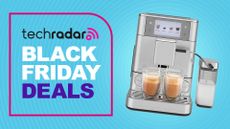 KitchenAid espresso machine on blue background with text reading "TechRadar Black Friday deals"