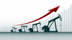 red arrow going up over oil rigs