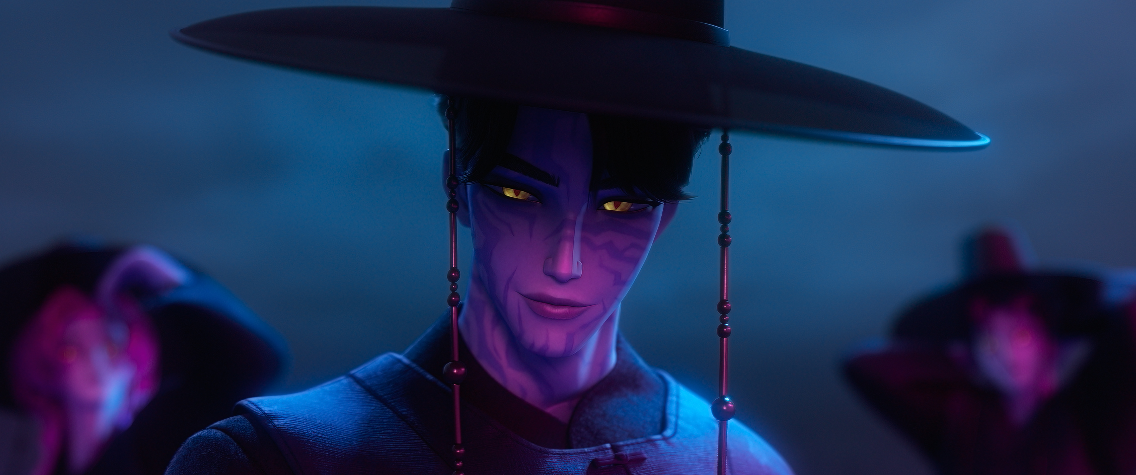 A male demon (Jinu) wears a traditional Korean hat, in the animated movie 'KPop Demon Hunters.'