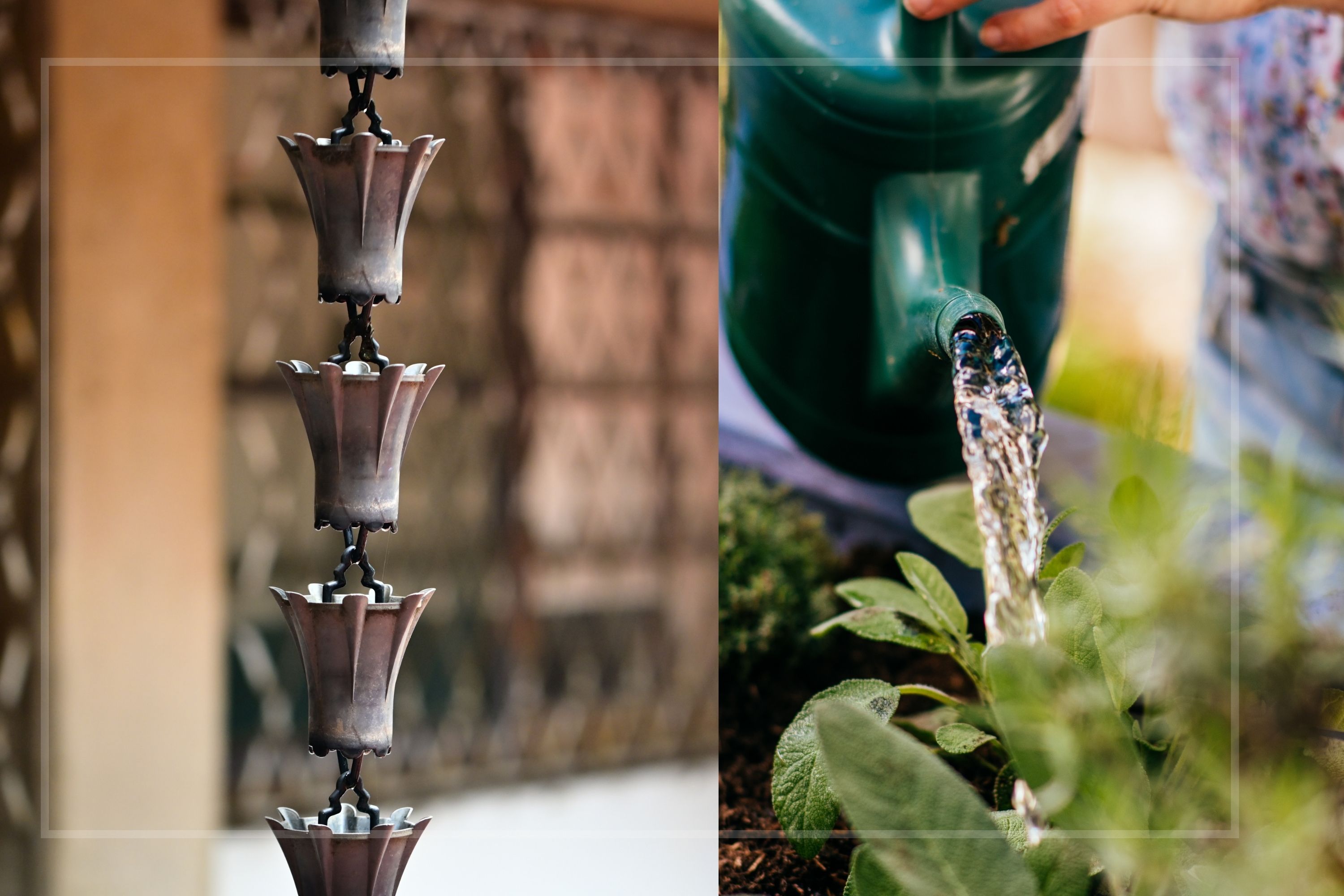 A comp image showing a rain chain and a woman watering her plants