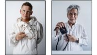Portraits of Kae Tempest and Sunil Gupta dressed in white against a white background