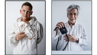 Portraits of Kae Tempest and Sunil Gupta dressed in white against a white background