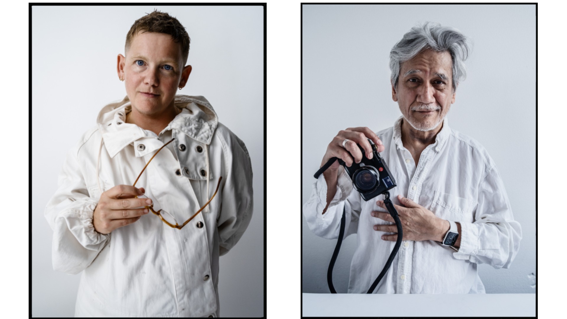 Portraits of Kae Tempest and Sunil Gupta dressed in white against a white background