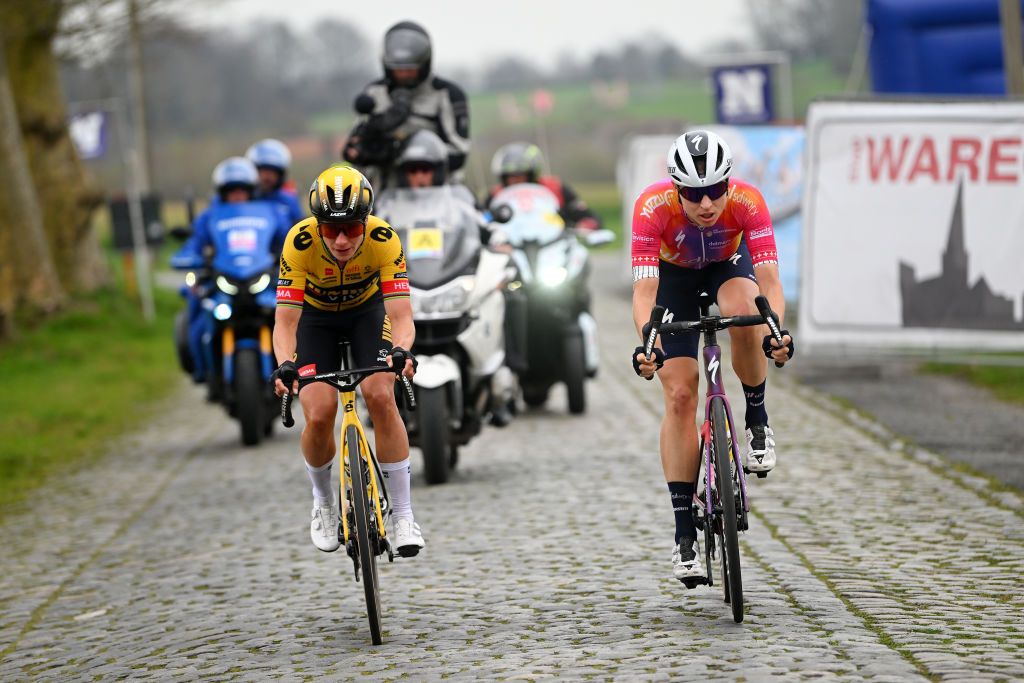 WAREGEM BELGIUM MARCH 29 LR MaMarianne Vos (Jumbo-Visma) and Marlen Reusser (SD Worx) breakaway at Dwars door Vlaanderenrianne Vos of The Netherlands and Team JumboVisma and Marlen Reusser of Switzerland and Team SD Worx compete in the breakaway during the 11th Dwars door Vlaanderen 2023 Womens Elite a 1149km ine day race from Waregem to Waregem DDV23 on March 29 2023 in Waregem Belgium Photo by Luc ClaessenGetty Images