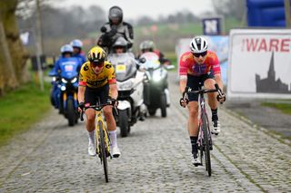 WAREGEM BELGIUM MARCH 29 LR MaMarianne Vos (Jumbo-Visma) and Marlen Reusser (SD Worx) breakaway at Dwars door Vlaanderenrianne Vos of The Netherlands and Team JumboVisma and Marlen Reusser of Switzerland and Team SD Worx compete in the breakaway during the 11th Dwars door Vlaanderen 2023 Womens Elite a 1149km ine day race from Waregem to Waregem DDV23 on March 29 2023 in Waregem Belgium Photo by Luc ClaessenGetty Images