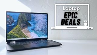 The HP OmniBook Ultra Flip 2-in-1 on a white table next to a Laptop Mag deals icon