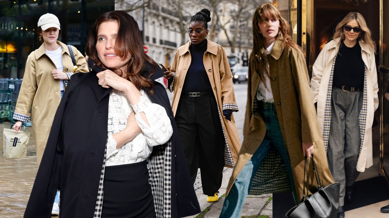 a collage of women including Lucy Hale, Nikki Ogunnaike, Lake Bell, and Sienna Miller wearing the Sézane Clyde trench coat