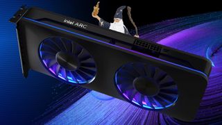 Intel Arc graphics card with blue swirls in backdrop and wizard figure behind card