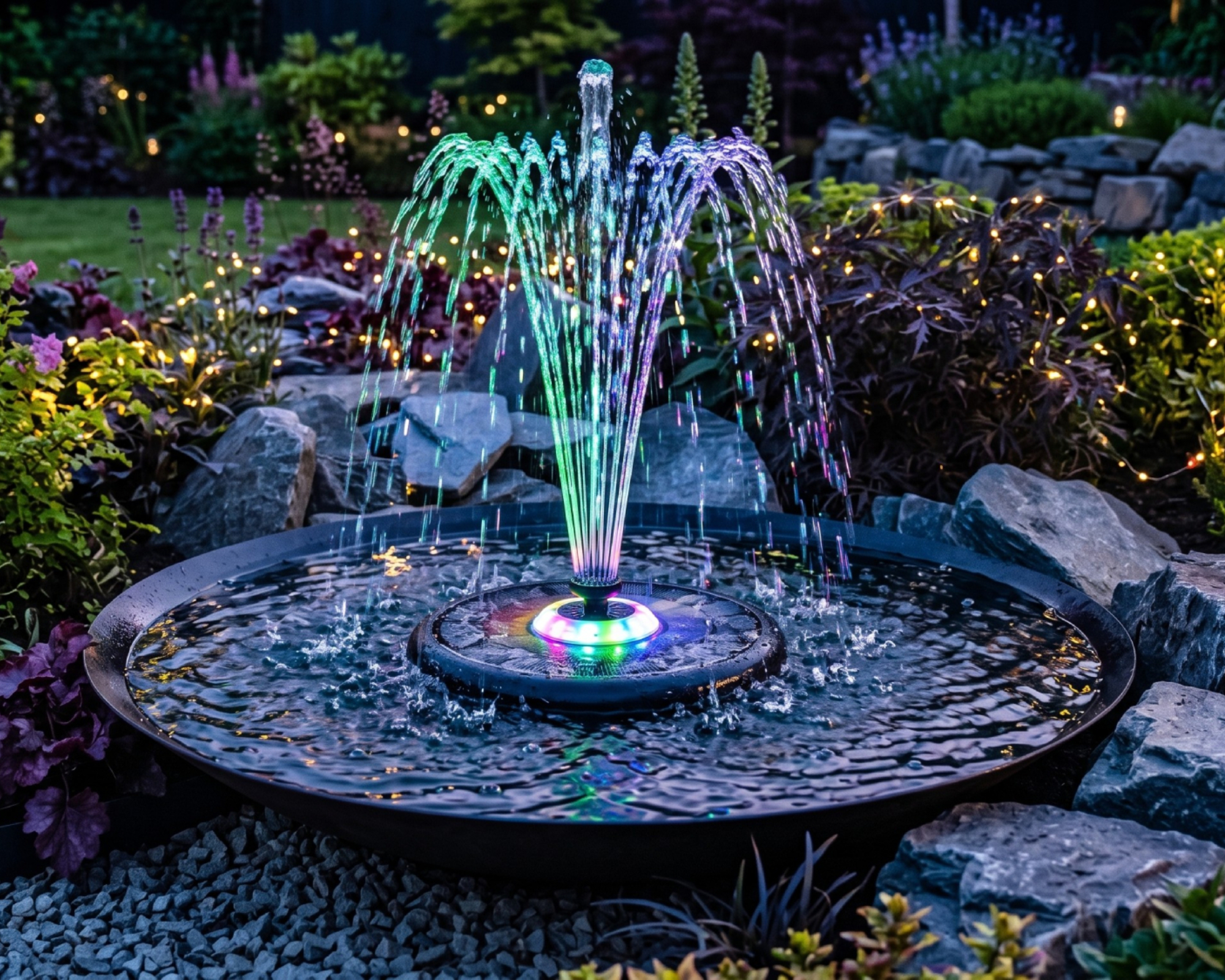 DIY water feature made with a floating solar fountain
