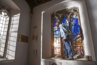 Tom Denny Stain Glass window maker. Photographed inside All Saints Church in Middle Woodford, Wiltshire. Photography by Richard Cannon on Friday 30th August 2018