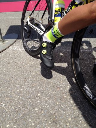 Contador’s shoes have a series of punctured holes, as seen clearly here