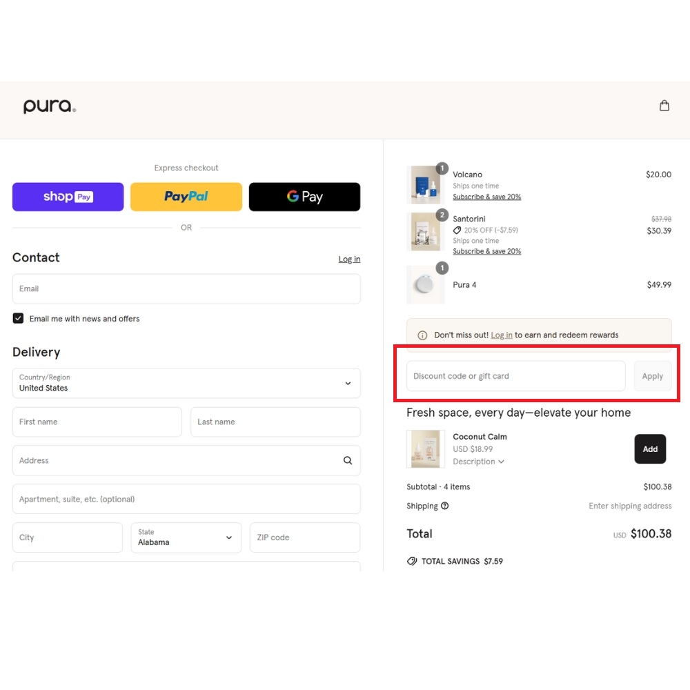 Screenshot of the Pura checkout page with Pura discount code box highlighted by a red square